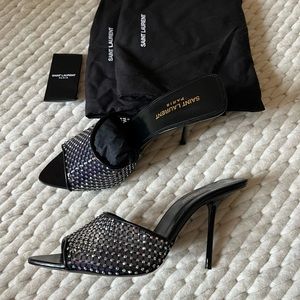 SAINT LAURENT crystal-embellished mesh leather mules (practically new)